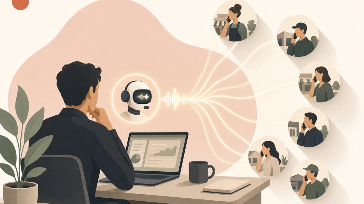 A single founder at a desk overseeing an AI voice agent placing outbound sales calls, voice waveforms flowing out to many small business customers