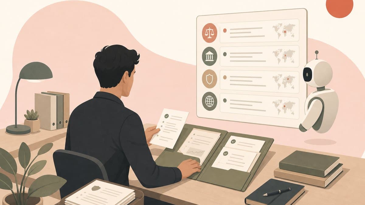 A founder assembling an evidence folder of logs and approvals for an enterprise audit while an AI agent beside them watches a wall of regulatory changes