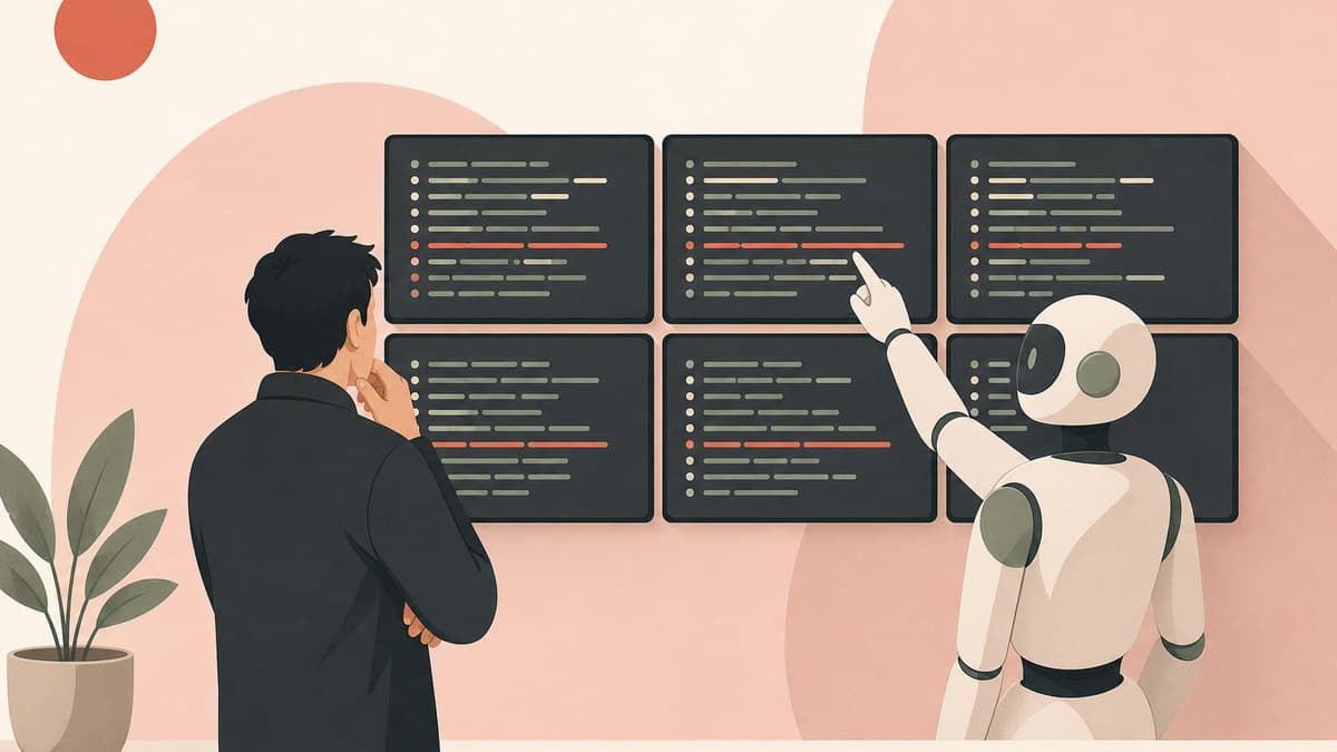 A founder tracing a production outage through a stream of log lines while an AI agent reads the same stream and points to the failing service
