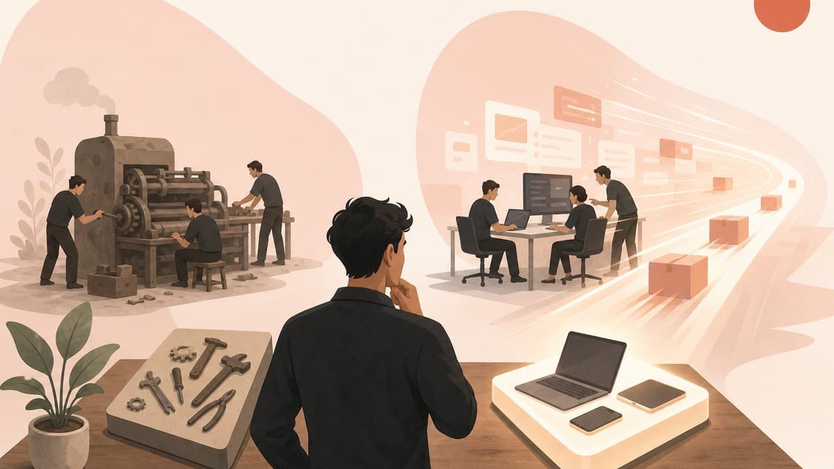 A single founder at a workbench choosing between coding tools, one team beside them shipping fast while another works with an outdated tool falling behind
