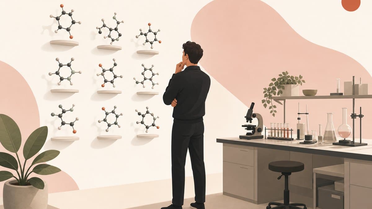 AI drug discovery tradeoff: a founder standing between a wall of predicted molecular structures and a working laboratory bench, weighing which one to invest in