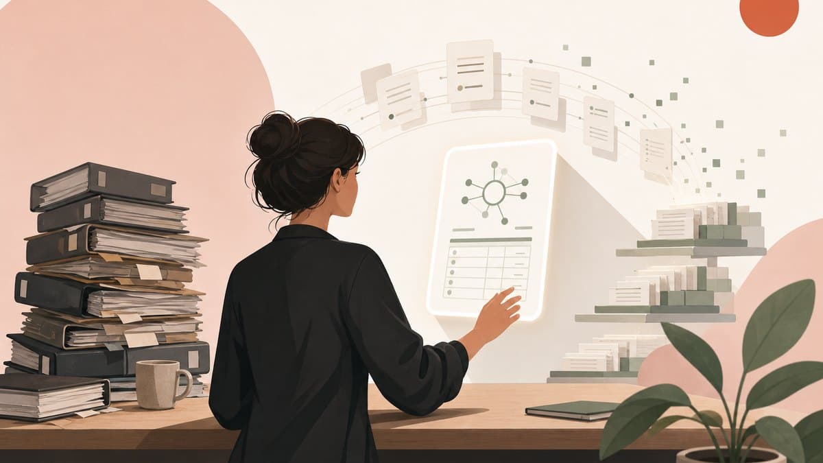A single founder at a workbench choosing an AI-native accounting system over a stack of legacy binders, ledgers reorganizing themselves in the background