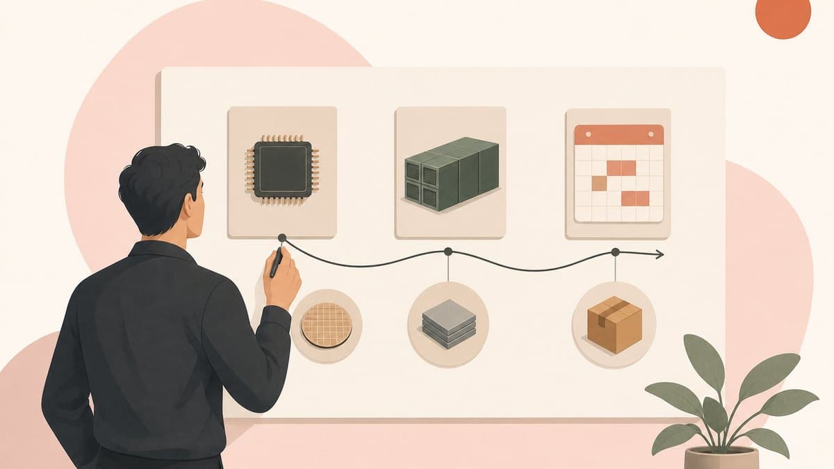 A founder at a planning board tracing the path from a chip, to the memory stack beside it, to the delivery schedule that decides when compute arrives