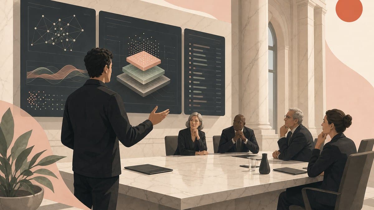 A single founder presenting an AI system to a cautious bank risk committee, trading screens and audit logs on the wall behind them