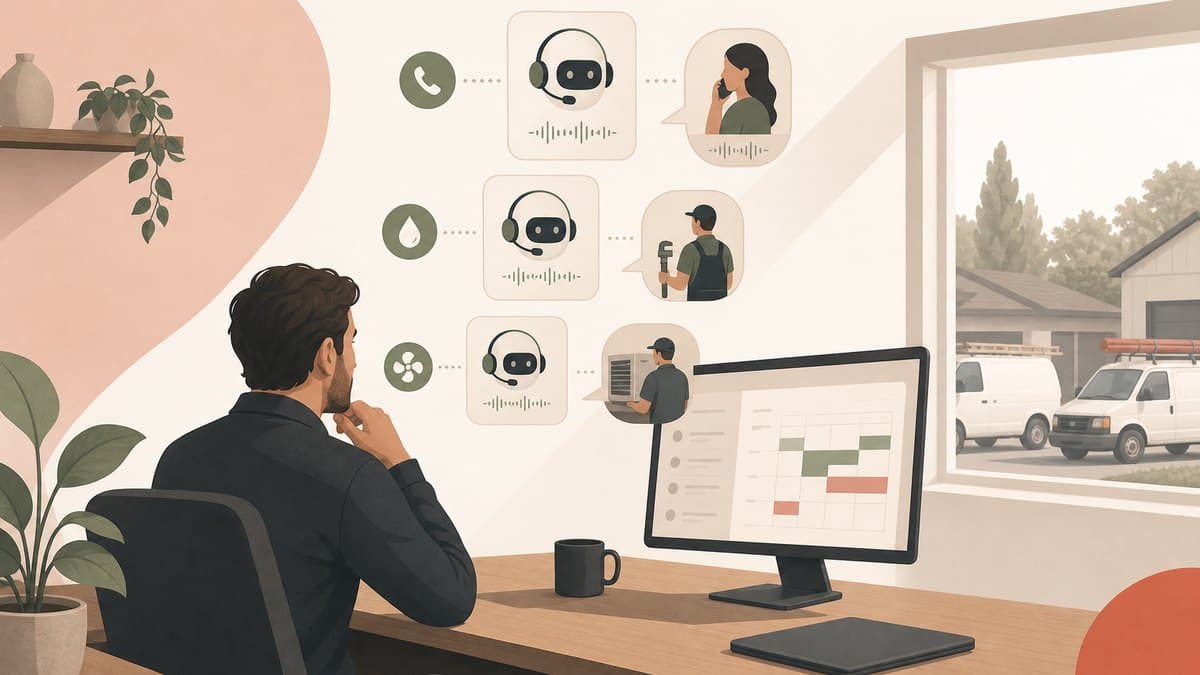 A single founder in a small home-services dispatch office orchestrating AI voice agents that answer phones and book jobs, service trucks visible outside