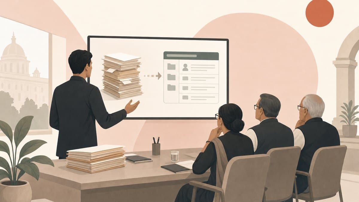 A single founder presenting an AI system to government officials across a table, stacks of paper forms turning into clean digital records on a screen behind them