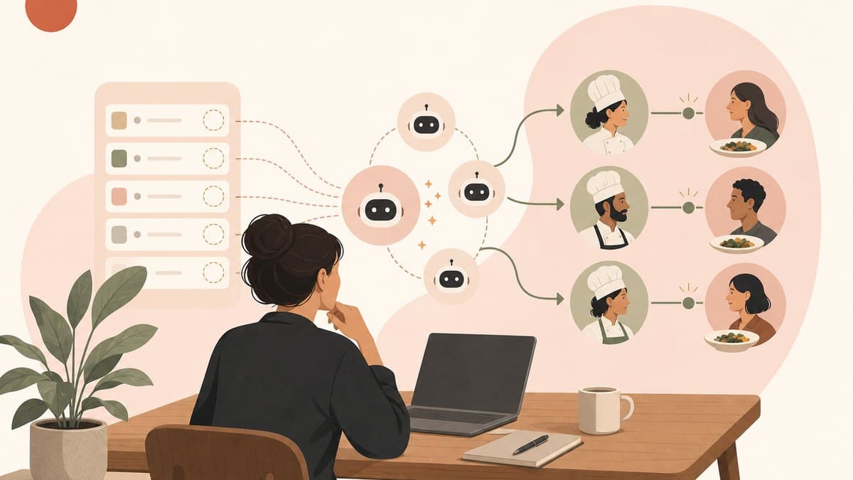 A small business owner at a kitchen-table desk orchestrating AI agents that clear a queue of small unfinished jobs and match customers to chefs
