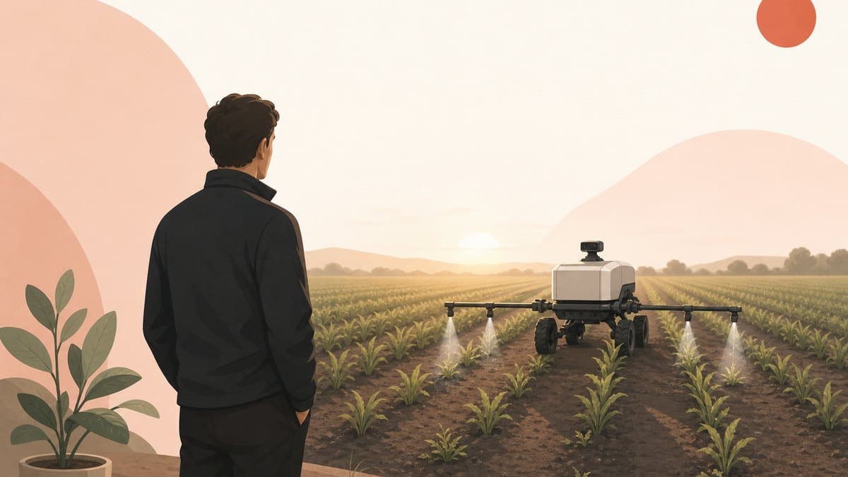A founder standing at the edge of a crop field watching a camera-equipped sprayer treat individual weeds instead of the whole row