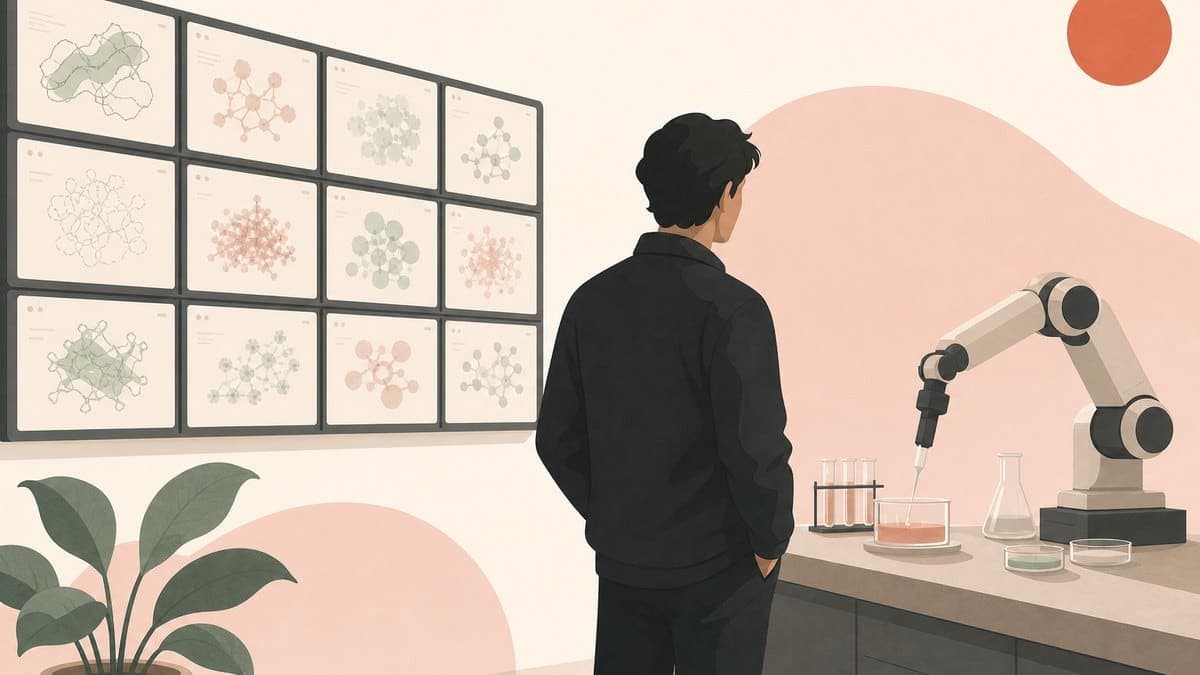 A founder turning away from a screen full of AI-generated hypotheses toward a robotic arm running a single experiment at a lab bench