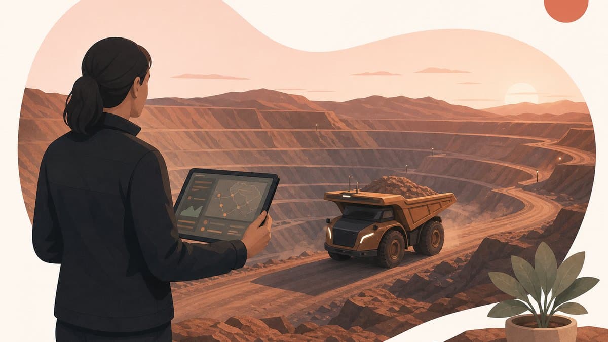 A founder at the edge of an open copper pit watching a driverless haul truck while a tablet shows the live operations dashboard for the site
