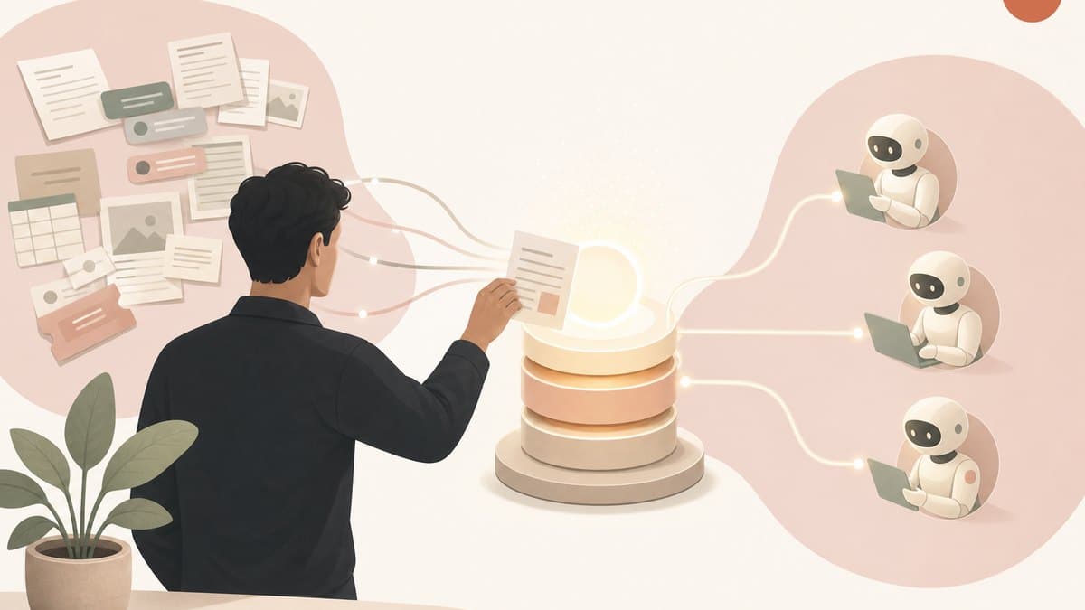 A single founder turning scattered company documents, chat threads, and tickets into a structured, glowing knowledge core that AI agents read from before they act