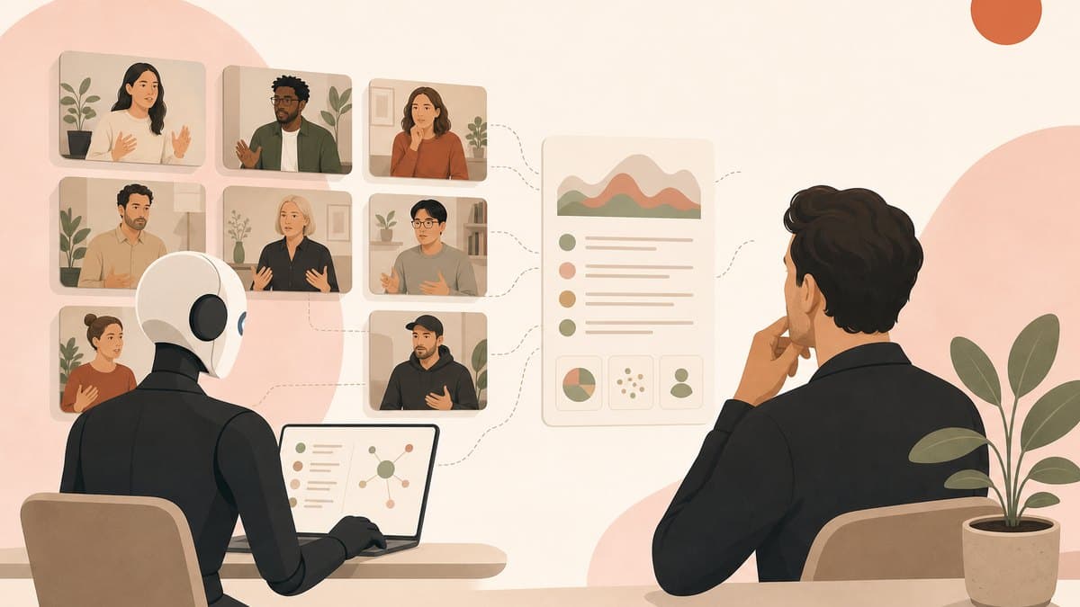 An AI agent running many simultaneous video interviews with different customers and synthesizing the answers into insights for a founder