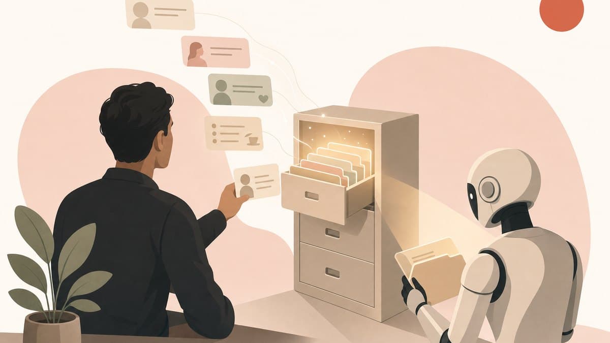 A single founder at a desk giving an AI agent a persistent memory, past conversations and user preferences flowing into a glowing store the agent reads from before it acts