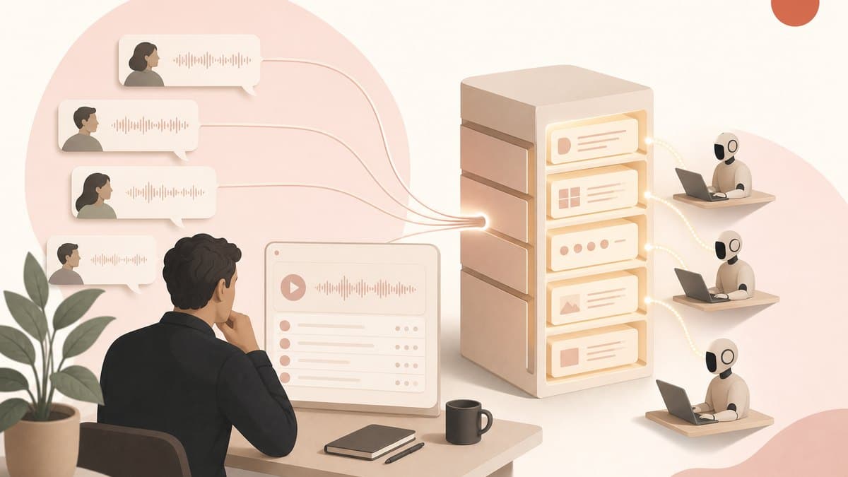 A single founder reviewing recorded conversations that flow into a structured company archive their AI agents read from before acting