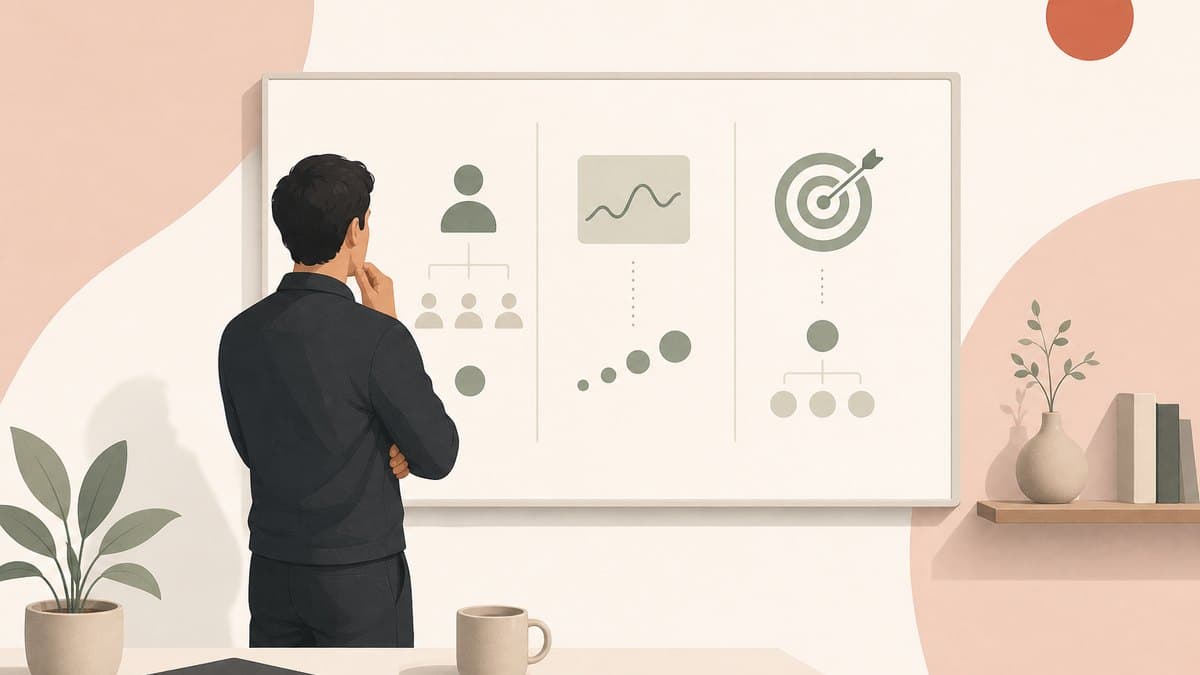 A single founder at a whiteboard weighing pricing models for an AI product: per seat, usage, and outcome