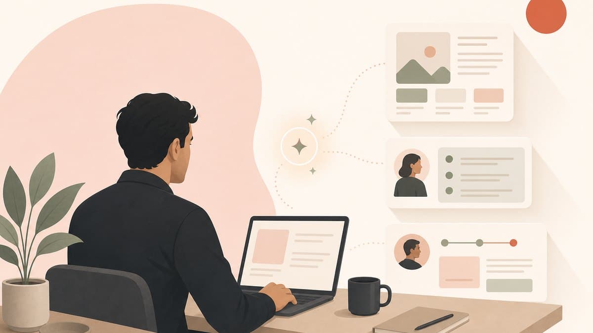 A single founder at a laptop while an AI surfaces the right sales content, coaching, and deal notes to a rep before a buyer call