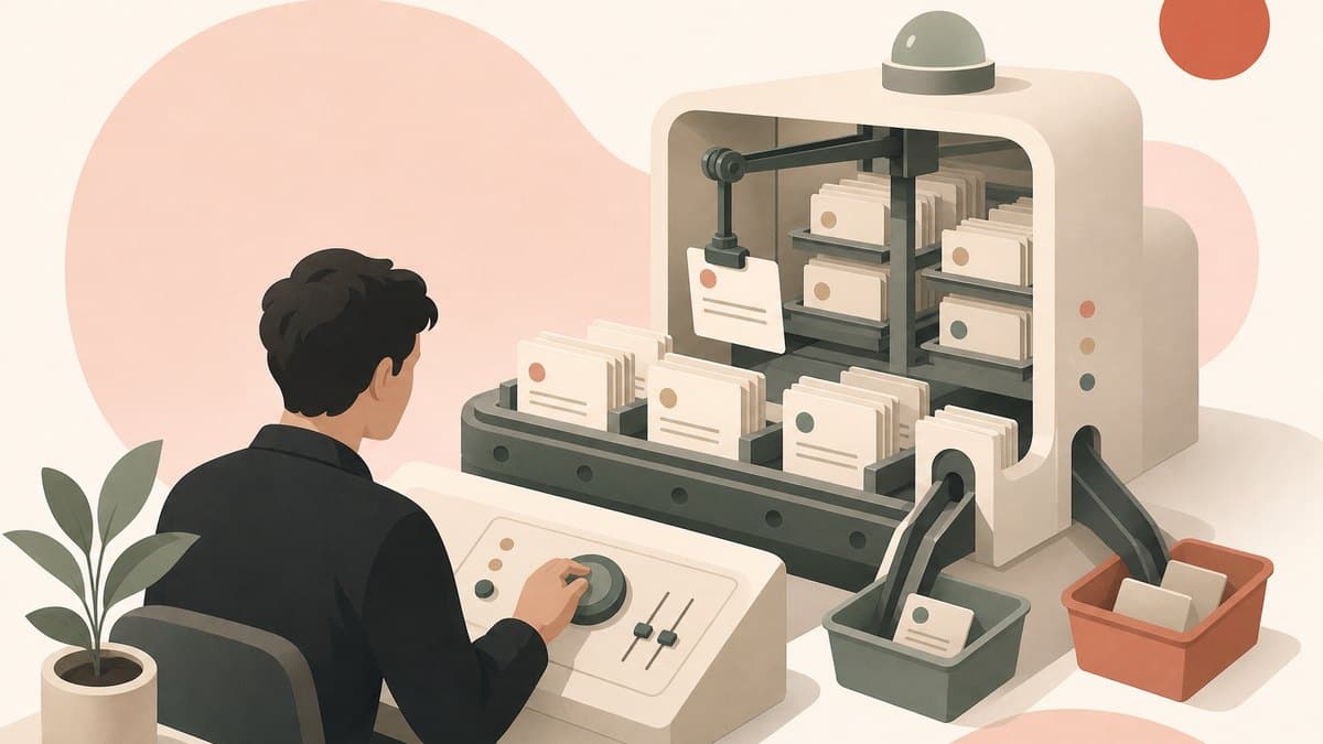 A founder at a control desk turning a single dial while a machine behind them sorts and scores racks of instruction cards