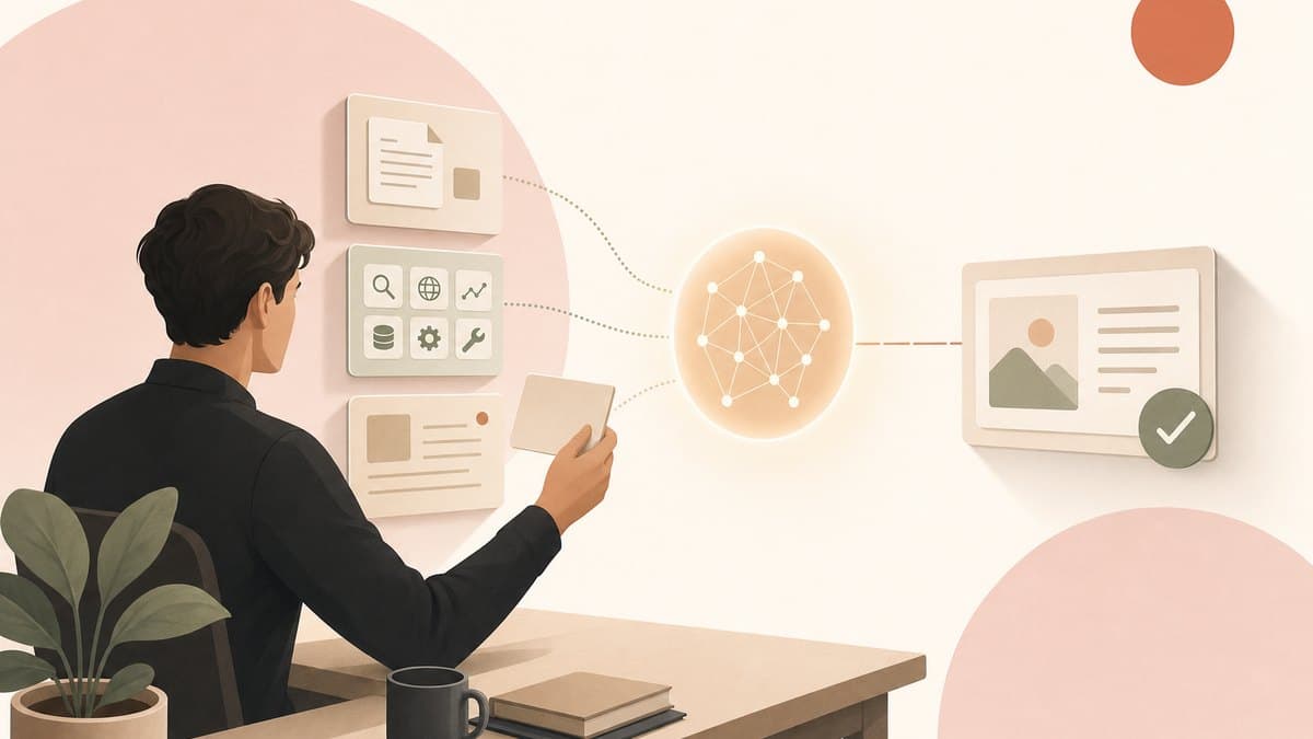 A single founder assembling the right context for an AI agent: documents, tools, and history feeding into the model before it acts
