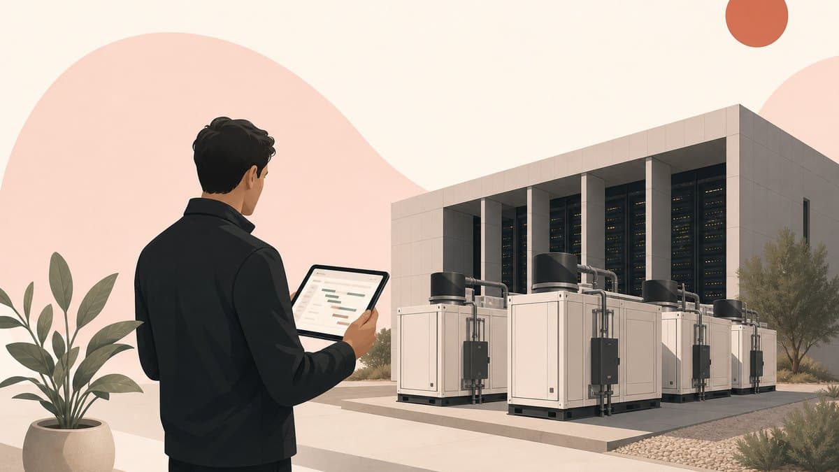 A founder reading a power energization schedule while modular fuel cell units and a data center hall rise behind it
