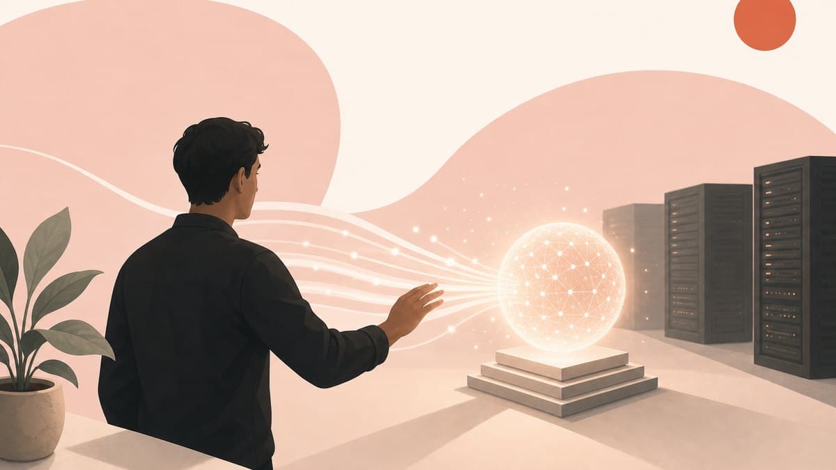 A single founder choosing and channeling streams of proprietary data into an AI system, with compute in the background