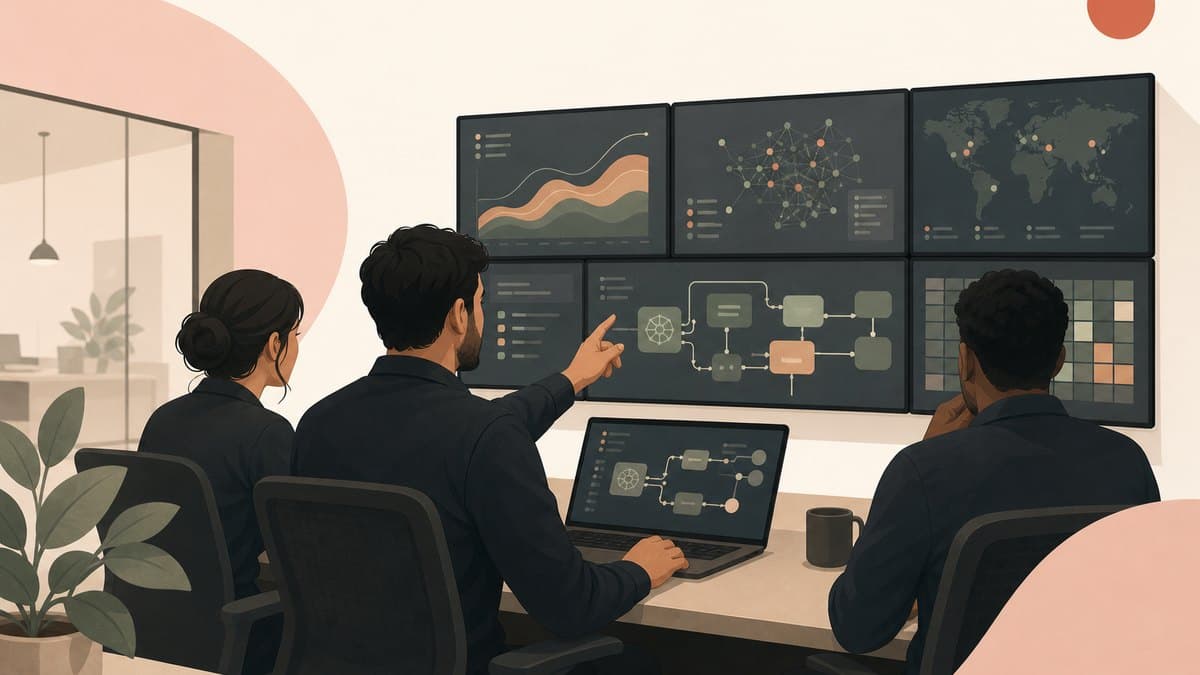 A single engineer embedded at a customer site, laptop open beside the customer's own operations team, wiring an AI system into their live workflow