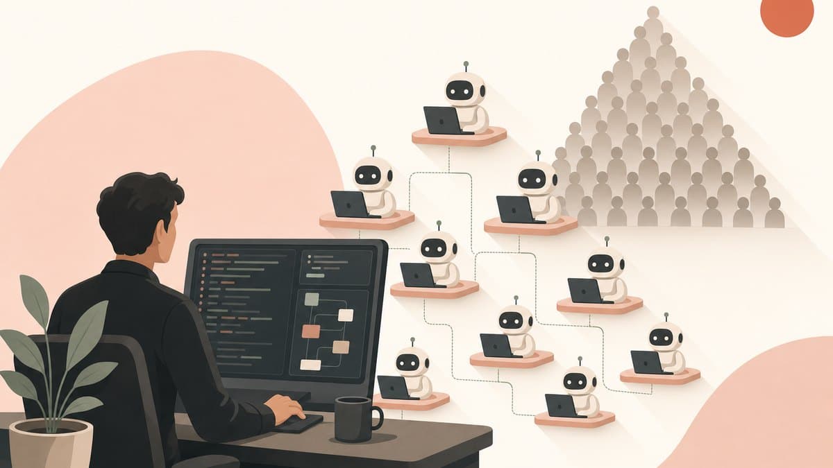 A single skilled engineer directing a fleet of AI coding agents, replacing a large pyramid of junior developers