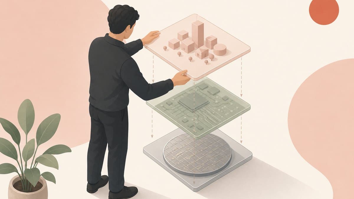 A founder aligning a model layer, a software layer and a silicon wafer into one stacked column