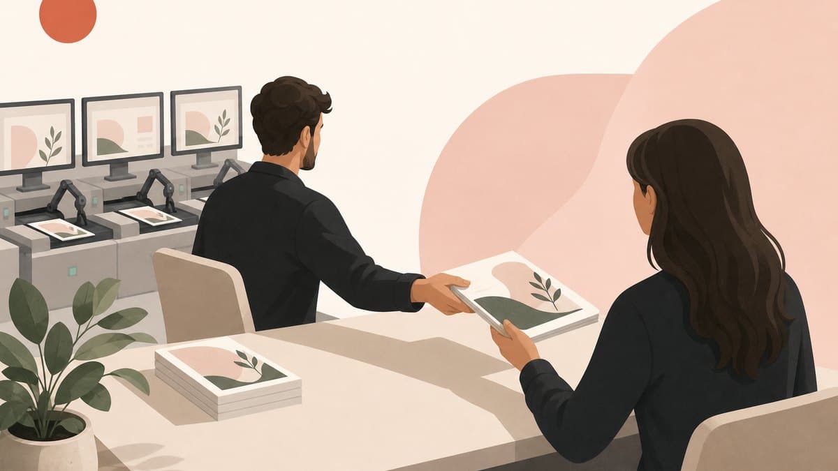 A founder handing a finished deliverable to a client while an agent produces the work behind them