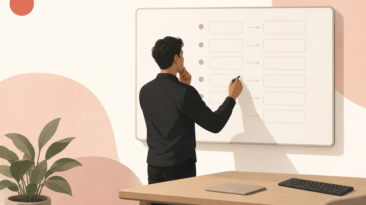 A founder at a whiteboard answering a column of hard questions about an idea, with the keyboard pushed aside and untouched