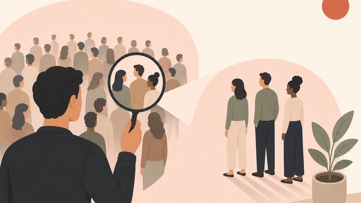 A single founder choosing a narrow set of ideal customers from a crowd, focusing on the few who share the same problem