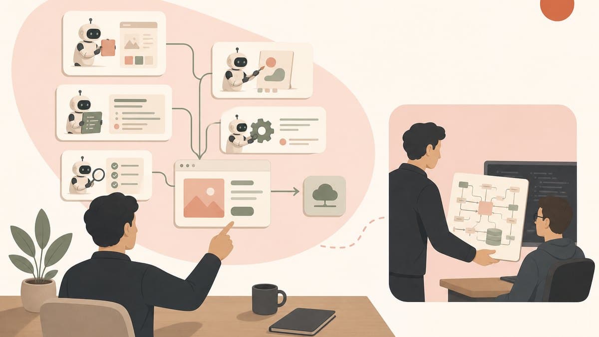A non-technical founder directing AI agents that build and deploy an app, next to a smaller scene handing one hard system to an engineer