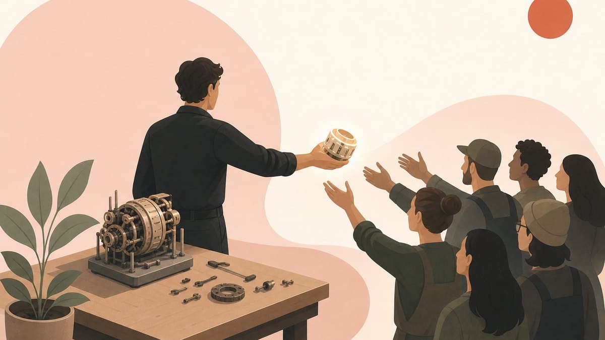 A founder handing a finished glowing component to a crowd of builders while keeping a more intricate mechanism on the workbench