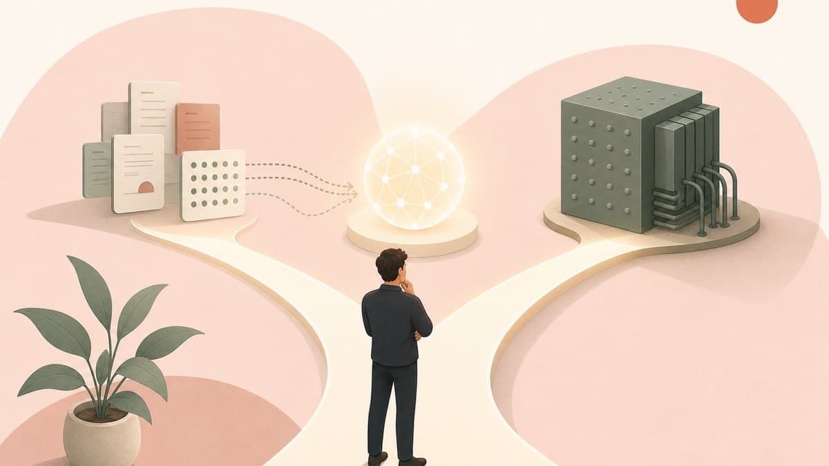 A single founder choosing between two paths to customize an AI model, a cheap retrieval layer feeding a base model on one side and an expensive fine-tuned model on the other, with the retrieval path lit up