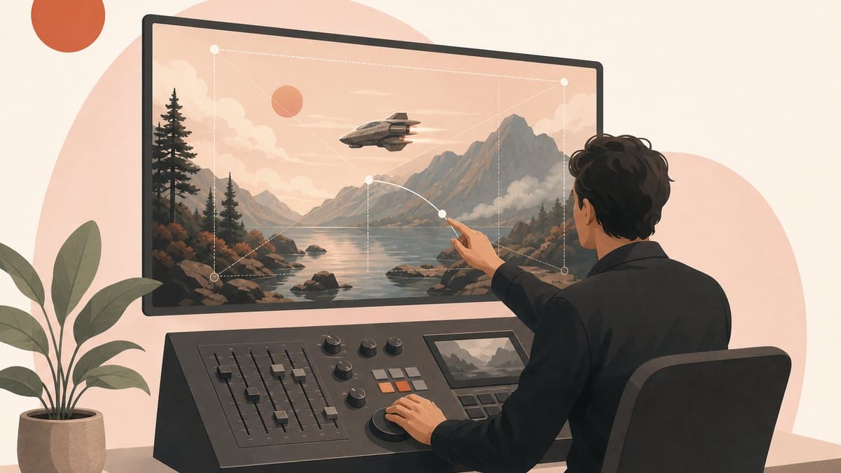 A founder at a console directing a live generated scene as it plays, steering it mid-stream instead of waiting for a render to finish