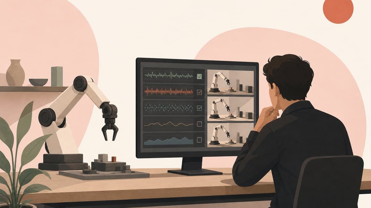 A founder at a workbench beside a robotic arm, reviewing captured sensor and video recordings and choosing which ones to keep