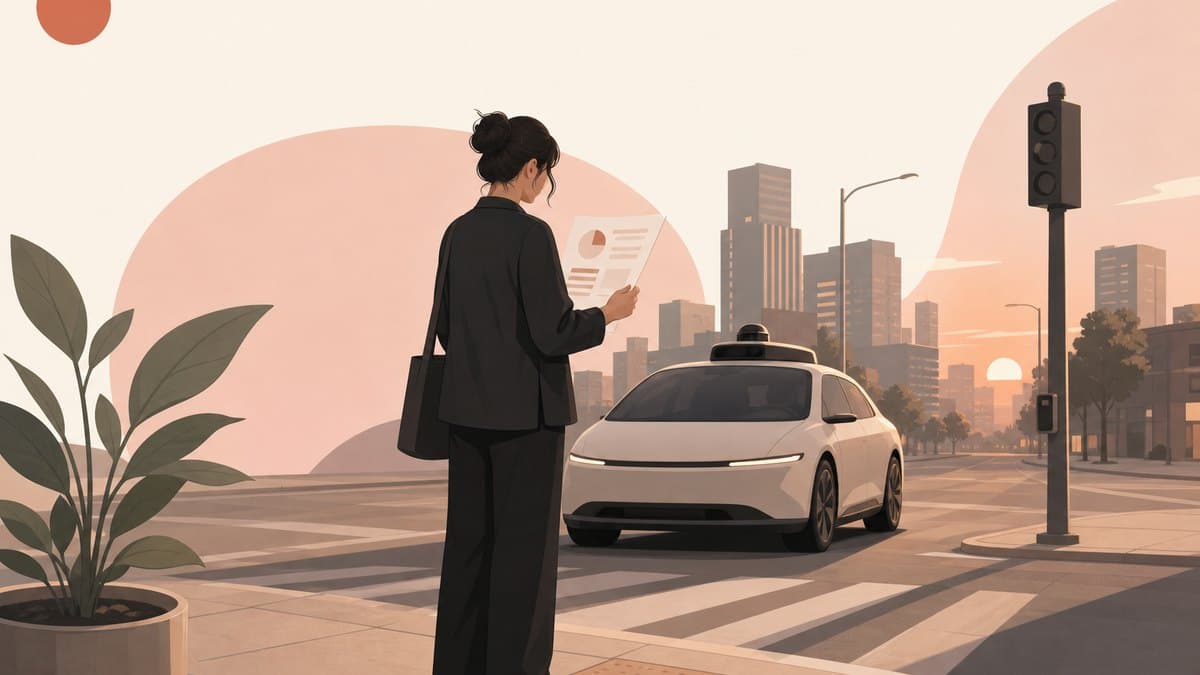 A founder standing at a city intersection at dusk reading a safety scorecard while a driverless car waits behind her
