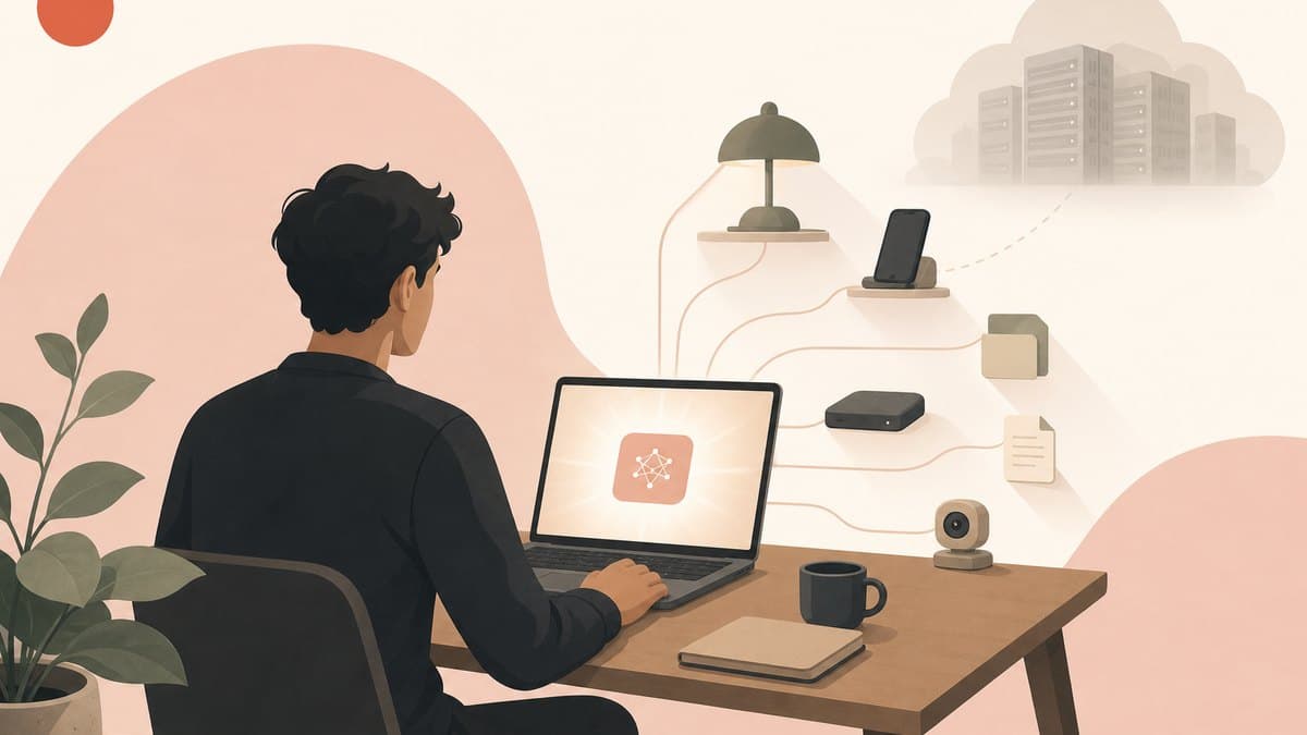 A founder running a self-hosted AI agent on their own laptop, with lines reaching out to local files and devices instead of a distant cloud datacenter