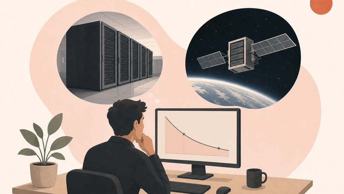 A founder at a desk weighing a terrestrial server hall against a solar-winged satellite carrying a server rack in orbit, with a falling cost curve on screen