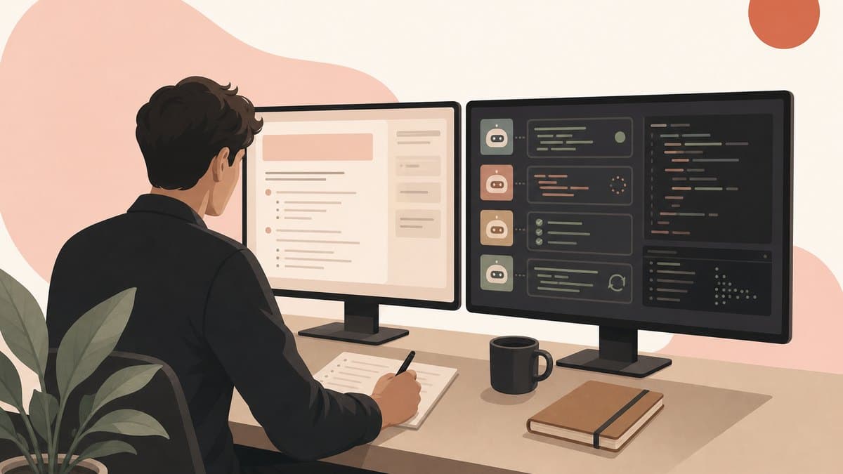A single founder writing a specification and acceptance criteria while AI agents implement, test, and iterate on the code behind them