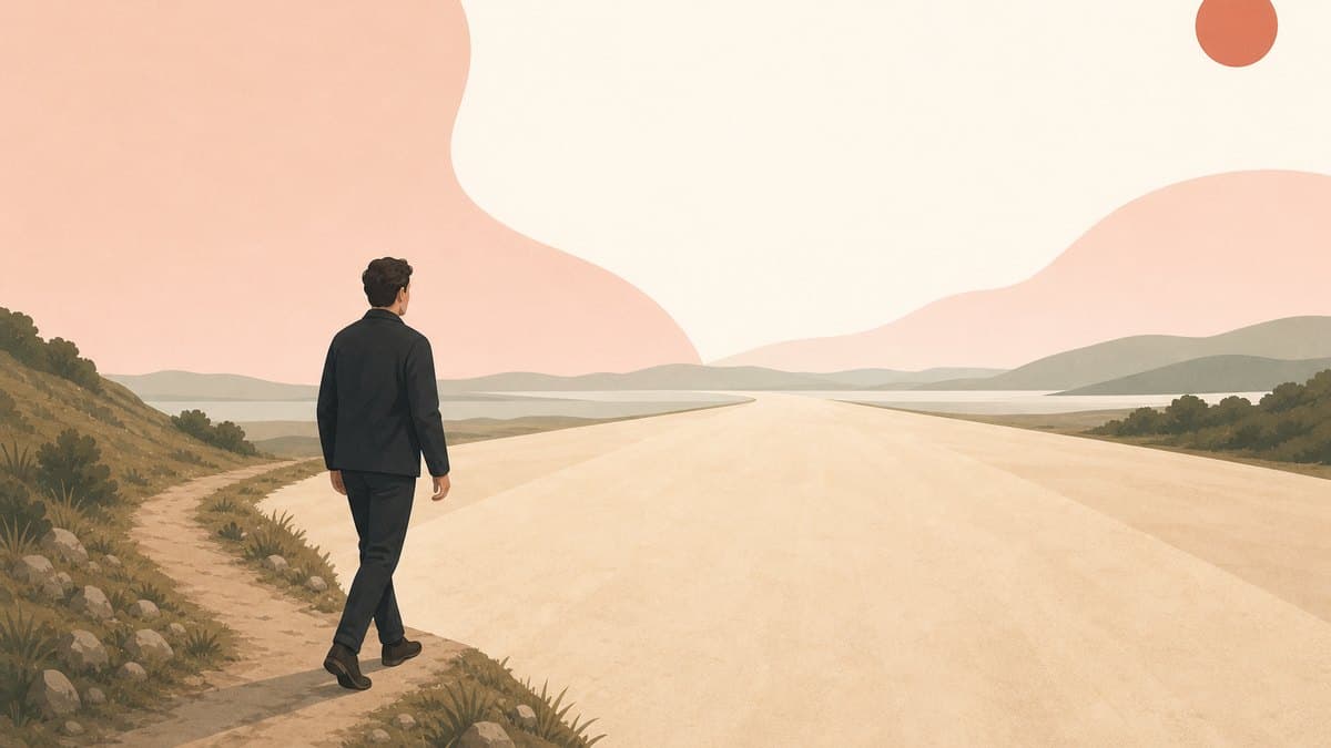 A founder stepping off a narrow worn footpath onto a much wider open road running to the horizon