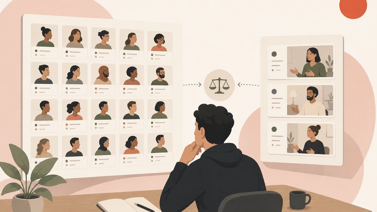 A founder weighing synthetic users against real customer interviews, comparing a large grid of simulated profiles with a small set of recorded conversations to decide which questions to trust to the simulation