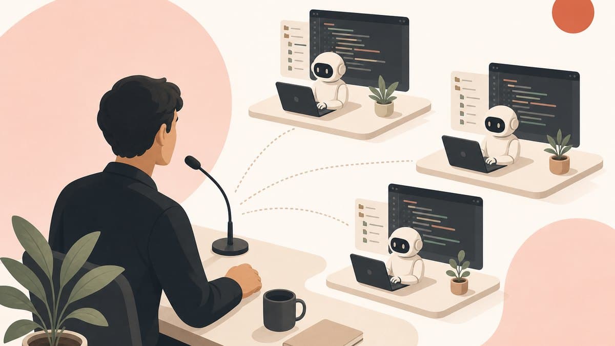 A founder speaking a task into a desk microphone while several AI coding agents work in parallel on isolated copies of the codebase