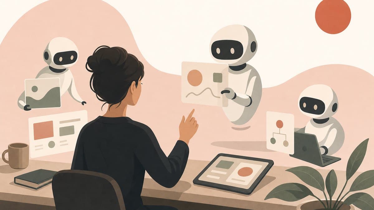 A knowledge worker at a desk calmly directing AI agents, choosing what to build rather than being replaced