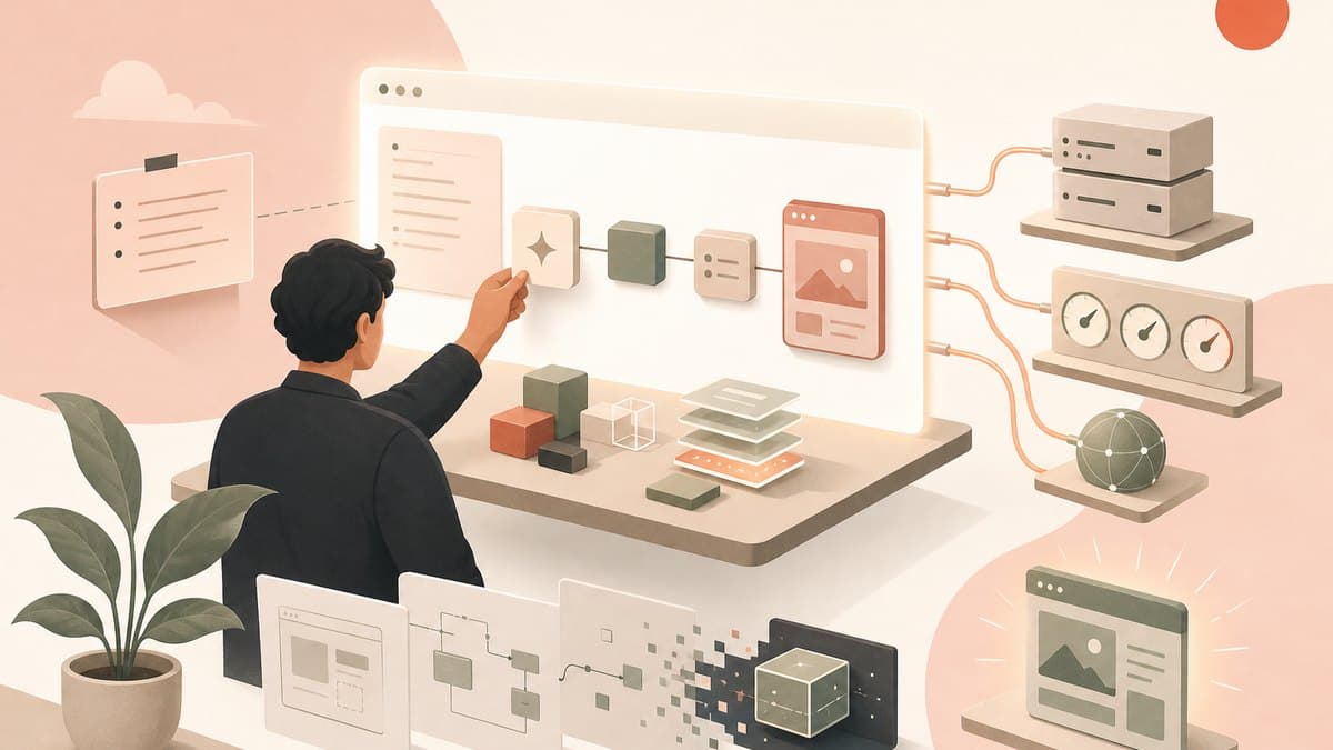 Editorial illustration of a floating desk with a glowing browser window assembling an app from plain-language notes, cables running to small servers and traffic dials, and building blocks turning into running software.