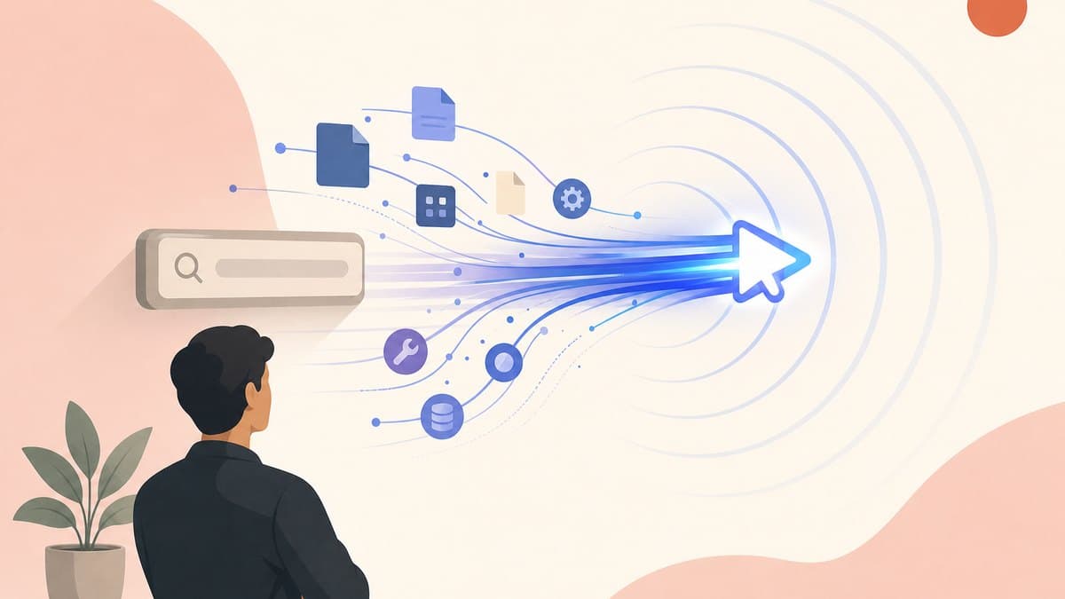 A glowing forward-firing search cursor overtaking a slower legacy search box, with ripples of reach spreading outward and abstract data streams of files, tools, and memory flowing toward it.
