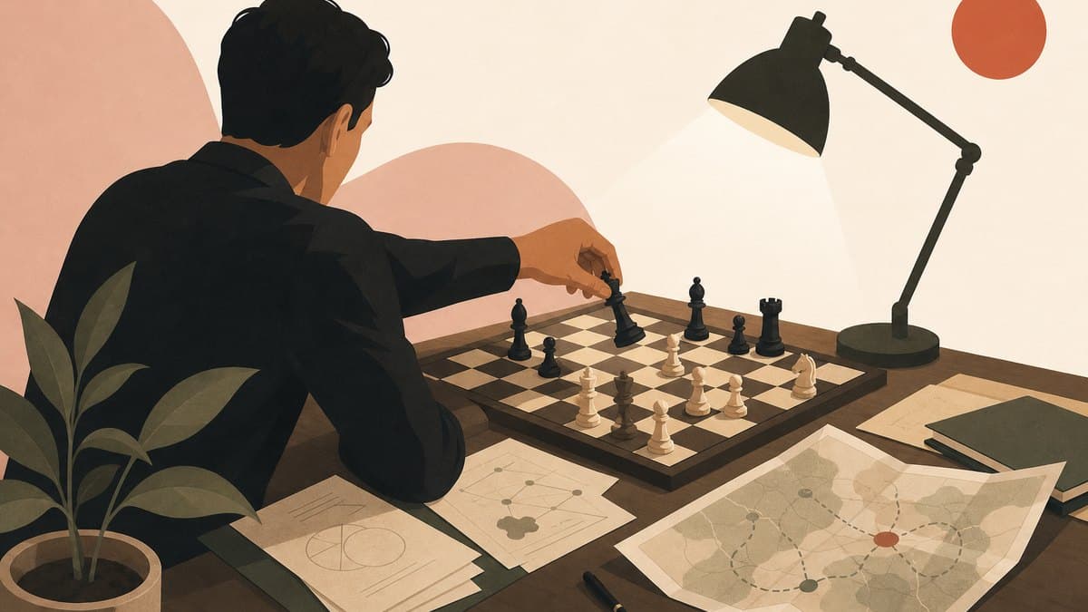 A single lamp lighting a chess board mid-game as one heavy piece is moved across it, with scattered notes and a folded map nearby, evoking hard strategic decisions.