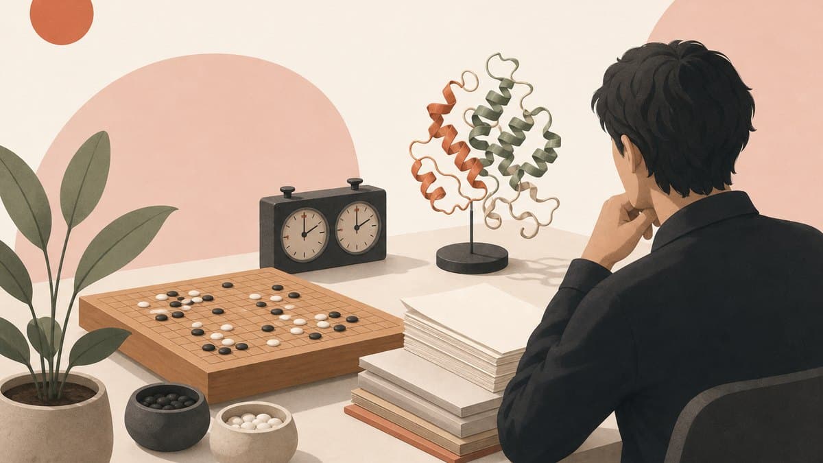 A workbench arrangement of a Go board, a 3D protein ribbon model, a chess clock, and research papers, symbolizing long-horizon deep-tech research bets.