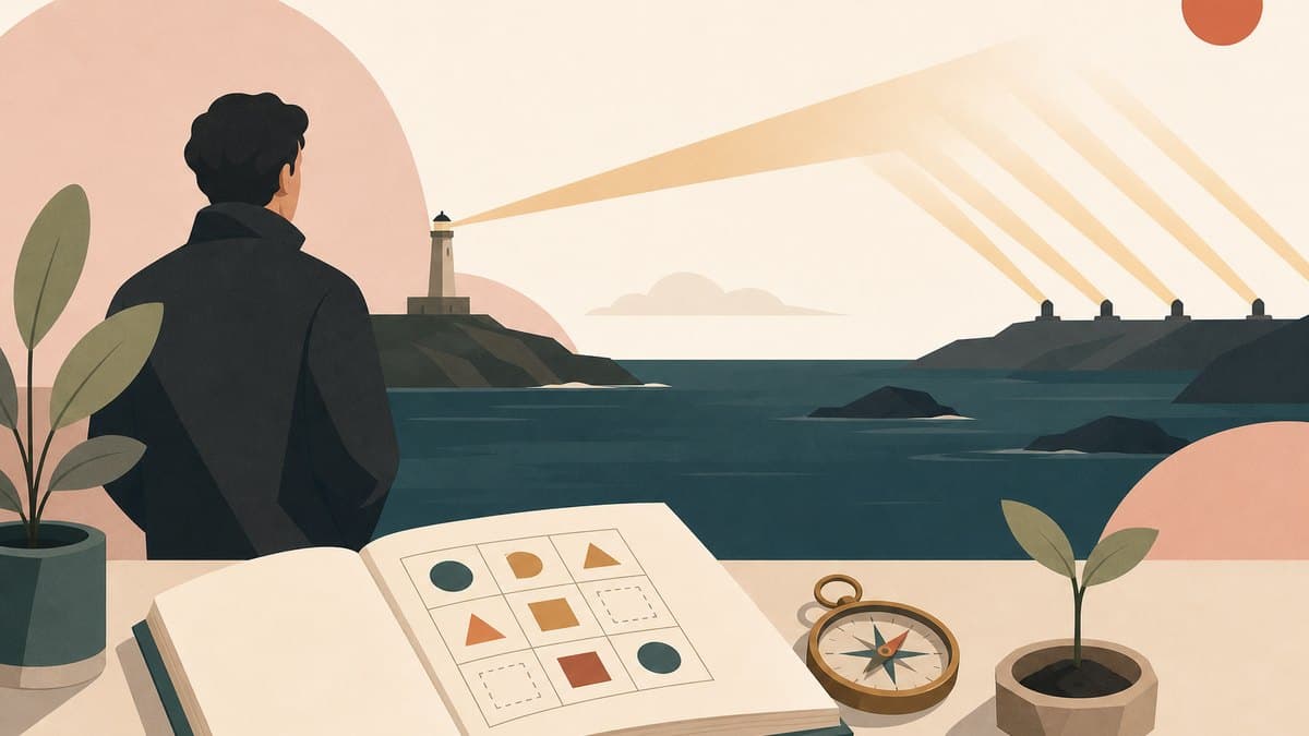 A single lighthouse beam angled away from a row of identical parallel searchlights over a dark sea, with a notebook showing an abstract grid puzzle, a compass, and a small sprouting seed in the foreground.