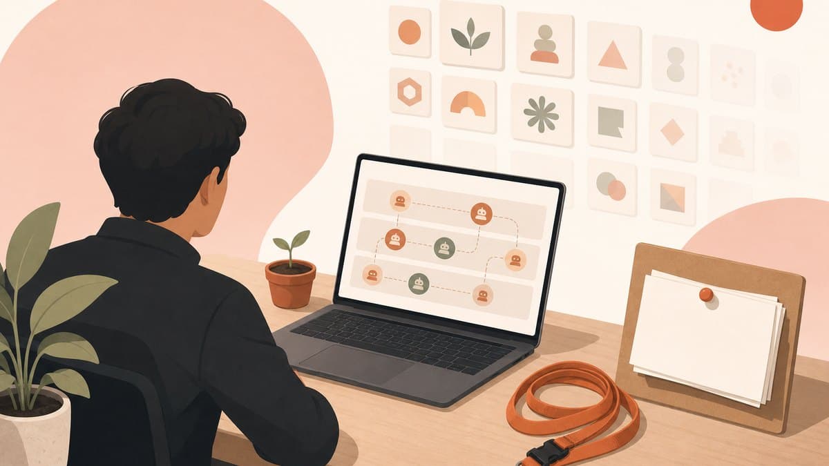 A stylized founder's desk with an accelerator lanyard, a laptop showing agent tokens sorted into swim lanes, index cards with a question mark, a seedling, and a grid of startup logo tiles in warm orange tones.