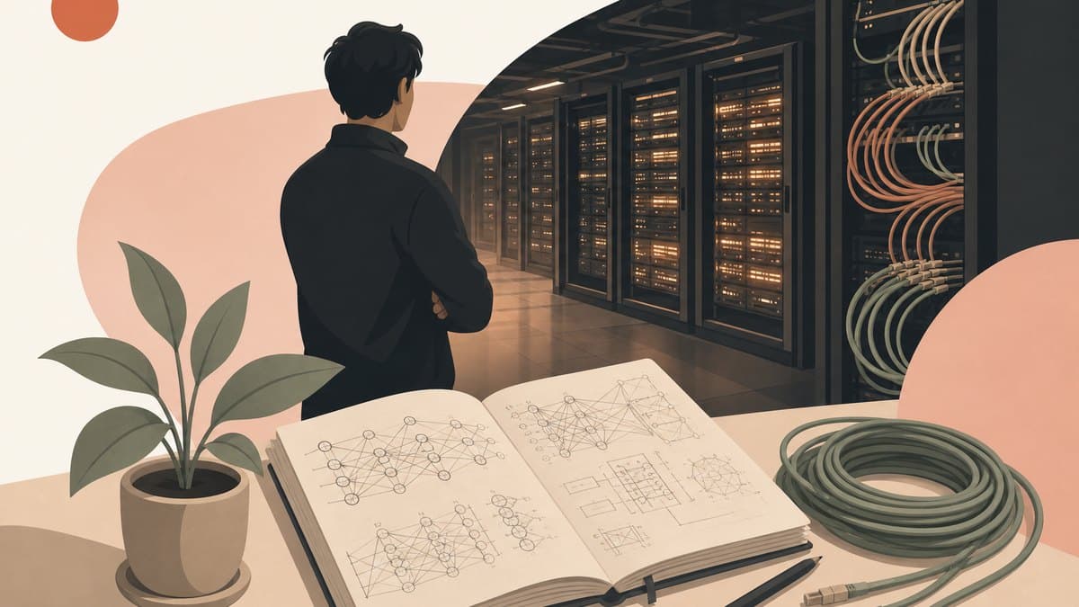 A dark data-center aisle with a warmly glowing server rack and coiled fiber cables beside an open engineering notebook of neural-network sketches and a silver medal, no people or text.